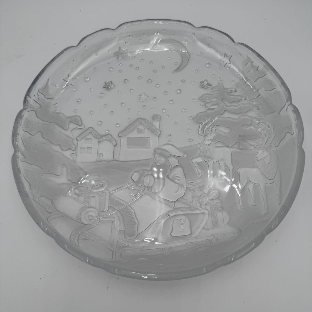 Vintage Christmas Platter Sleigh Bells Clear & Frosted 1980s Tempered Glass 14"